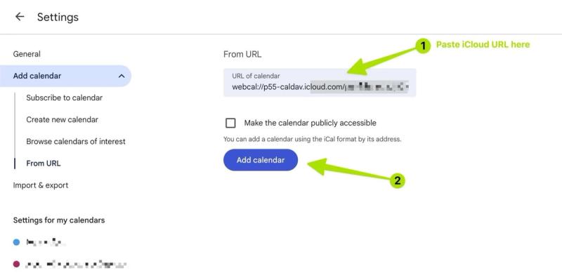 Pasting in the iCloud calendar URL into the Add Calendar section within Google Calendar settings.