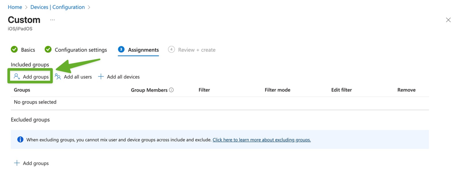 Microsoft Intune Assignments tab showing how to add groups to target devices with the Contactzilla CardDAV address book policy.