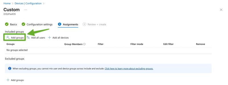 Microsoft Intune Assignments tab showing how to add groups to target devices with the Contactzilla CardDAV address book policy.