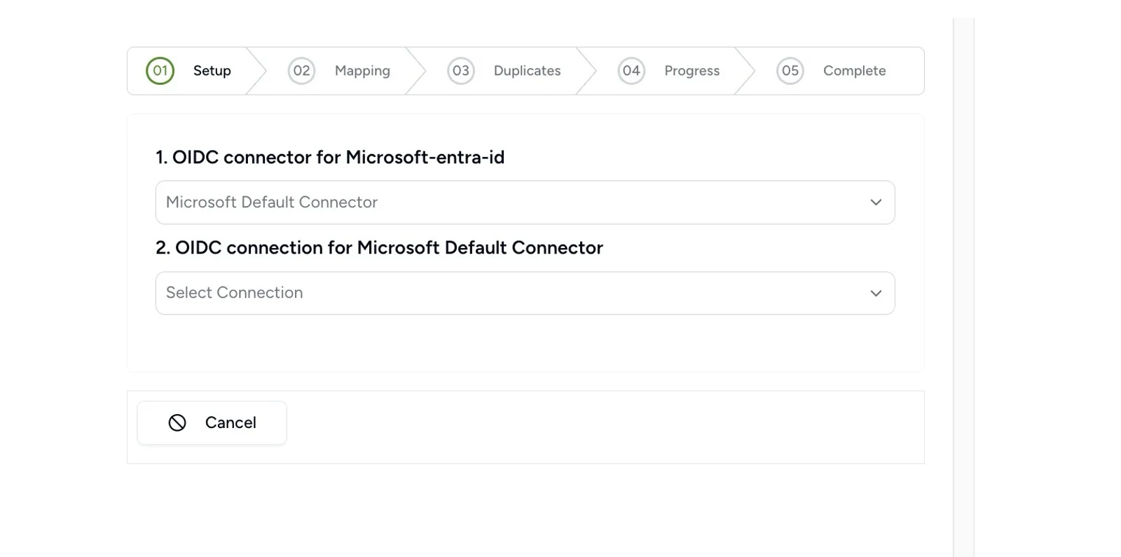 Contactzilla Microsoft Entra ID import setup showing OIDC connector selection for Microsoft Default Connector to sync Microsoft enterprise contacts.