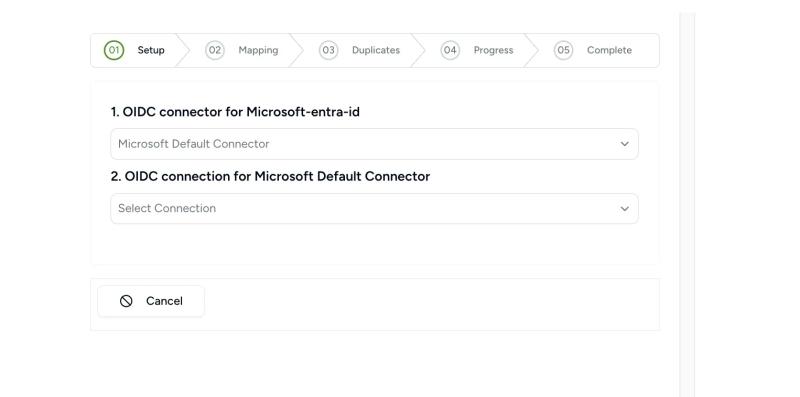 Contactzilla Microsoft Entra ID import setup showing OIDC connector selection for Microsoft Default Connector to sync Microsoft enterprise contacts.