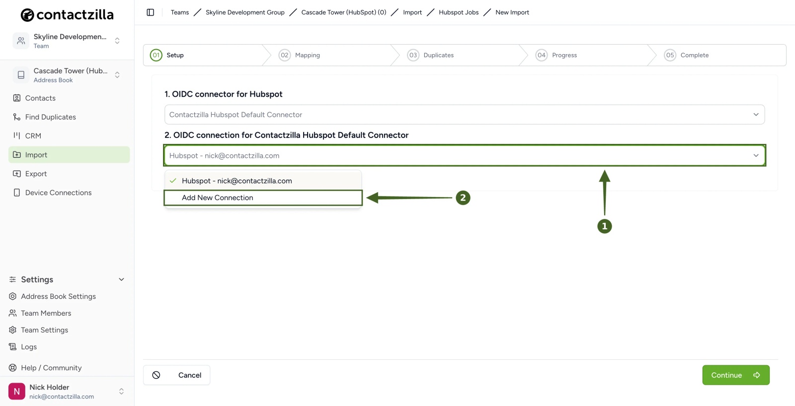 Contactzilla HubSpot import setup with the OIDC connection dropdown open and Add New Connection highlighted