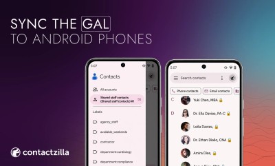 Sync the GAL to Android phones: two Android phones showing Contactzilla company contacts with department labels and padlocked colleagues