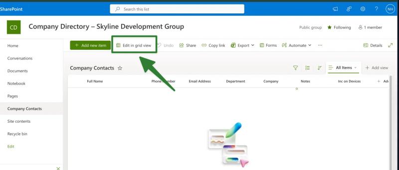 SharePoint create new list screen with Company Contacts entered as list name and Show list in site navigation checkbox enabled