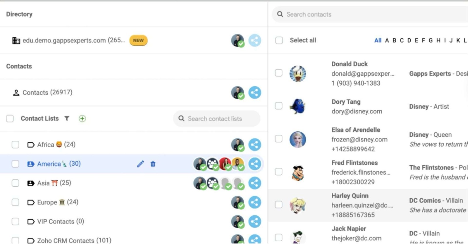A screen shot of the Shared Contacts for Gmail interface showing a contacts list.