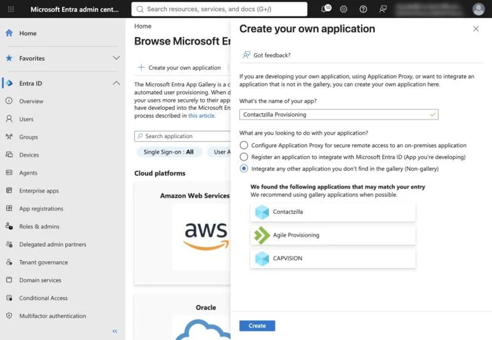 Entra Create your own application pane named Contactzilla Provisioning with the non-gallery option selected.
