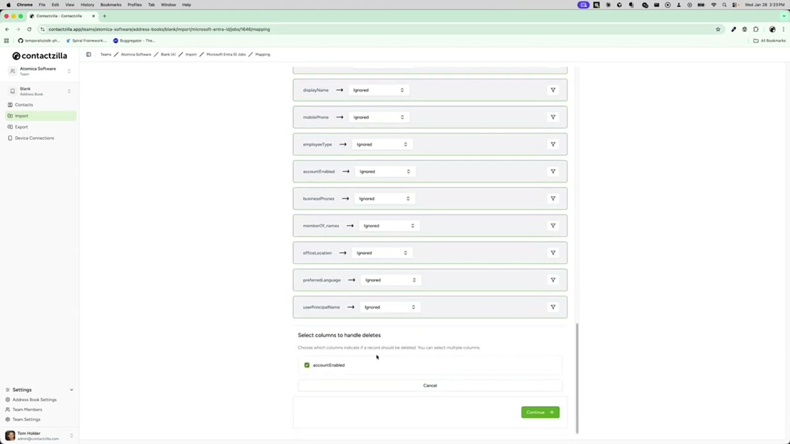 Delete handling prompt showing the Account Enabled field checkbox for handling disabled records in Microsoft Entra imports