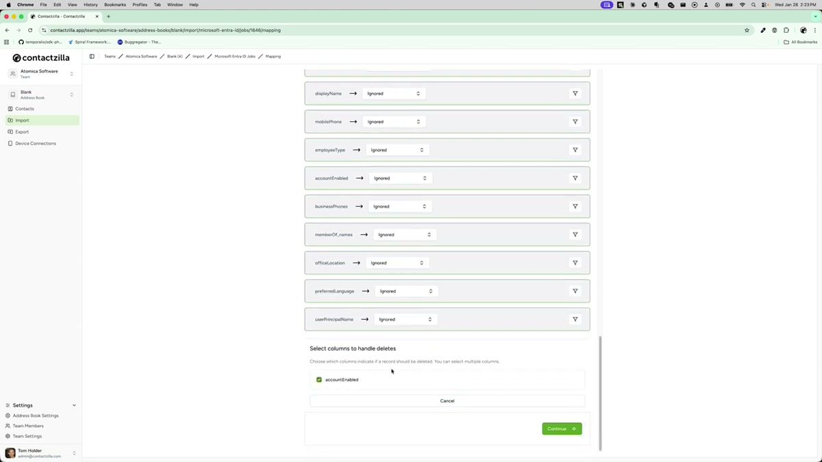 Delete handling prompt showing the Account Enabled field checkbox for handling disabled records in Microsoft Entra imports