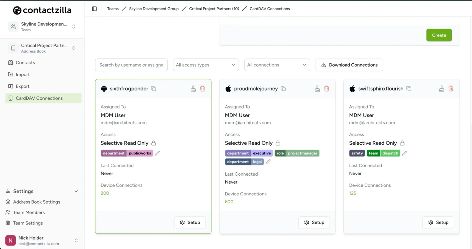 Screenshot of the Contactzilla interface showing multiple selective read-only CardDAV connections, each configured with different contact labels for targeted contact sync.