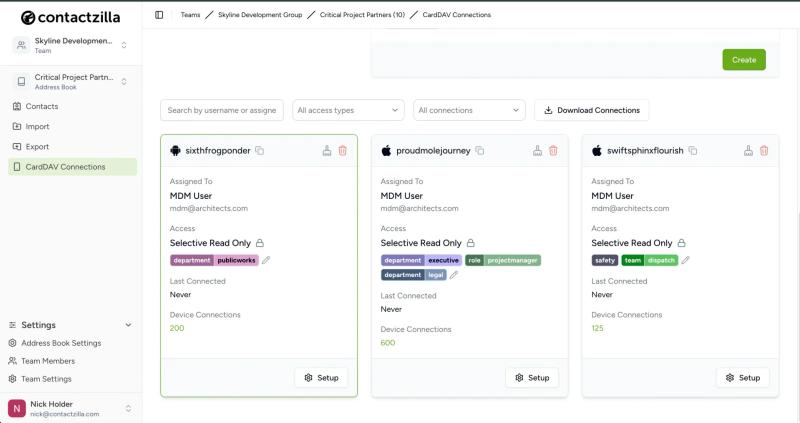 Screenshot of the Contactzilla interface showing multiple selective read-only CardDAV connections, each configured with different contact labels for targeted contact sync.