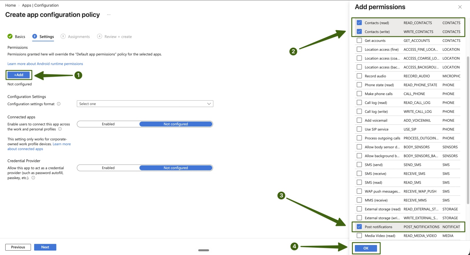 Intune app configuration policy Settings tab with the Add button (arrow 1), Contacts (read) and Contacts (write) ticked (arrow 2), Post notifications ticked (arrow 3) and OK (arrow 4) in the Add permissions panel