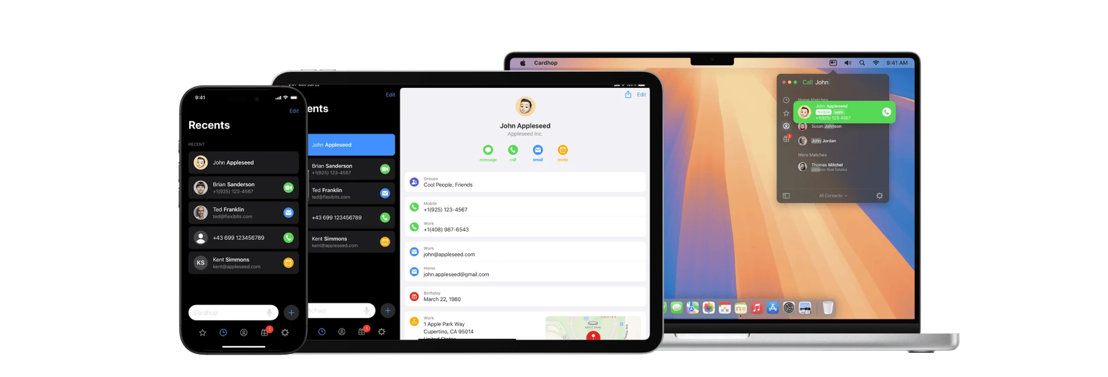 A marketing image from Cardhop showing its contact interface displayed across iPhone, iPad, and Mac. The layout highlights recent contact actions, detailed contact profiles, and quick-call functionality, emphasizing Cardhop's cross-device consistency and speed-focused design.