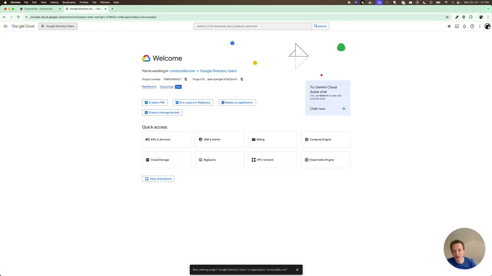 Google Cloud Console new project creation dialog with project name set to Google Directory Users