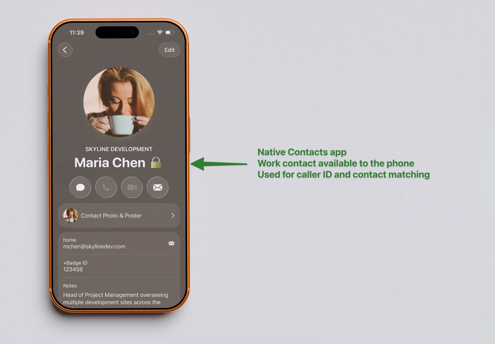Dummy work contact shown in the native iPhone Contacts app for caller ID and contact matching.