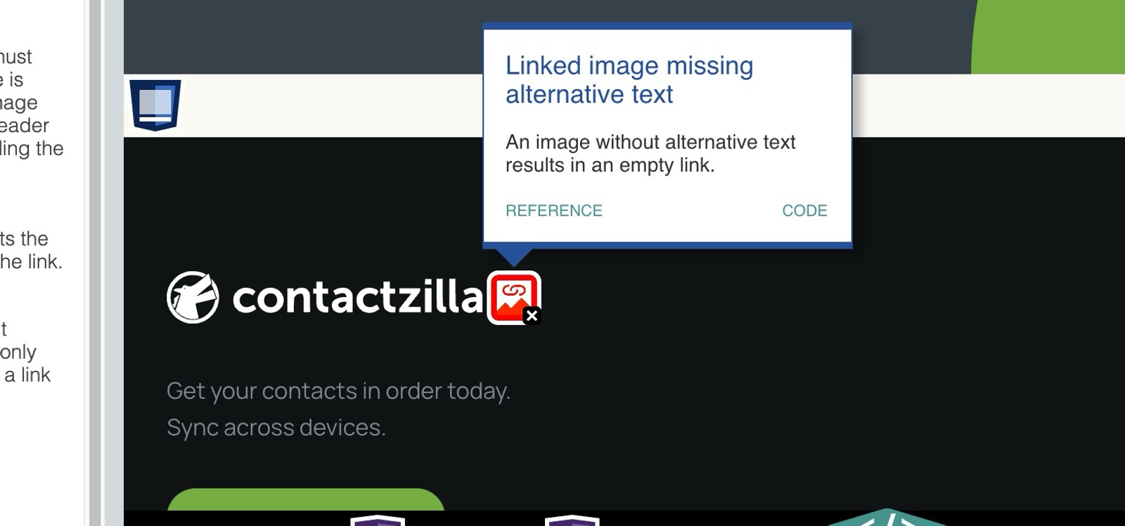 Accessibility error message showing 'Linked image missing alternative text' above a logo image link, highlighting an example where a footer logo serving as navigation lacks descriptive alt text.