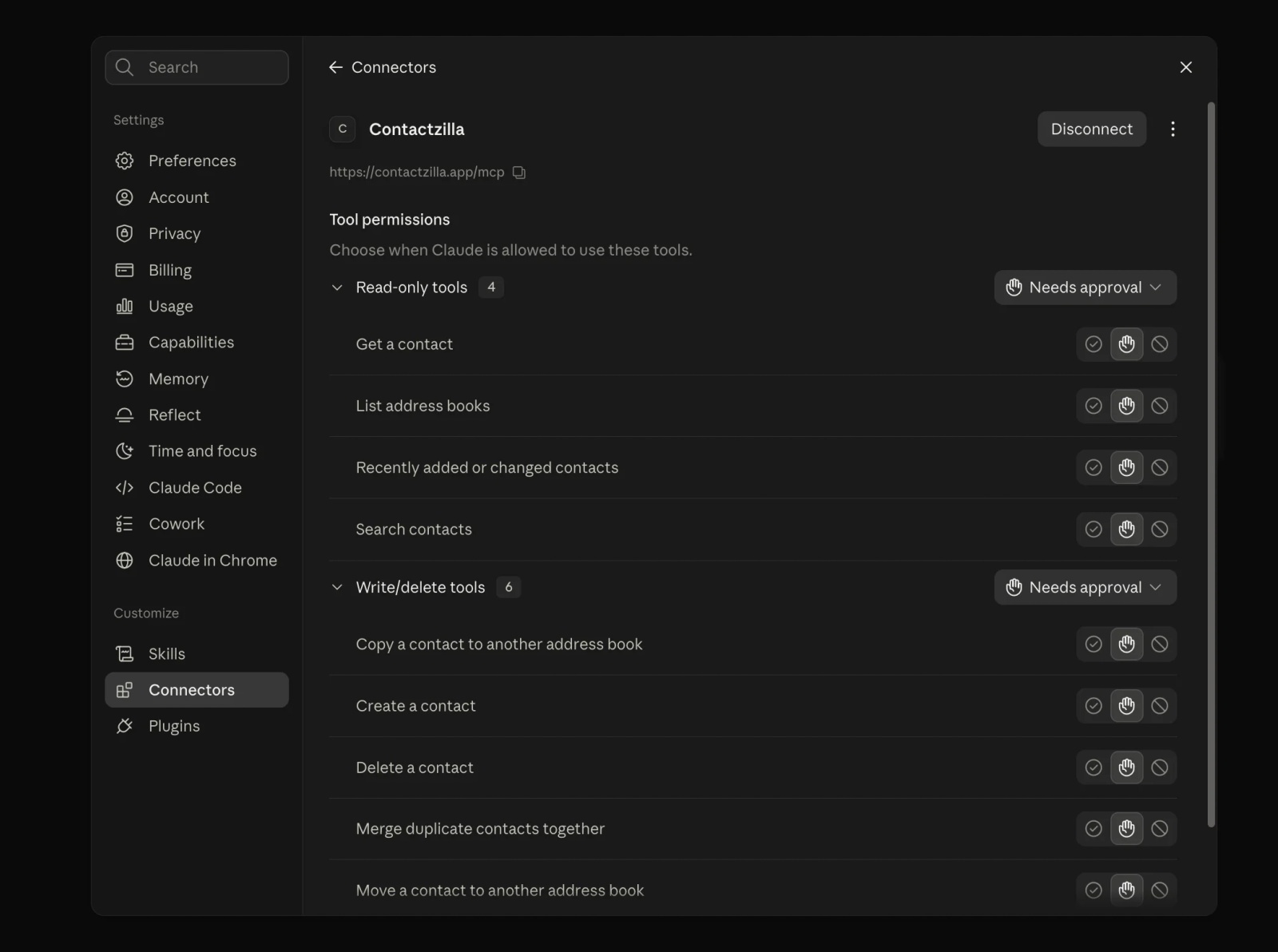 Claude's Connectors settings for Contactzilla, showing separate approval controls for read-only tools and write/delete tools.