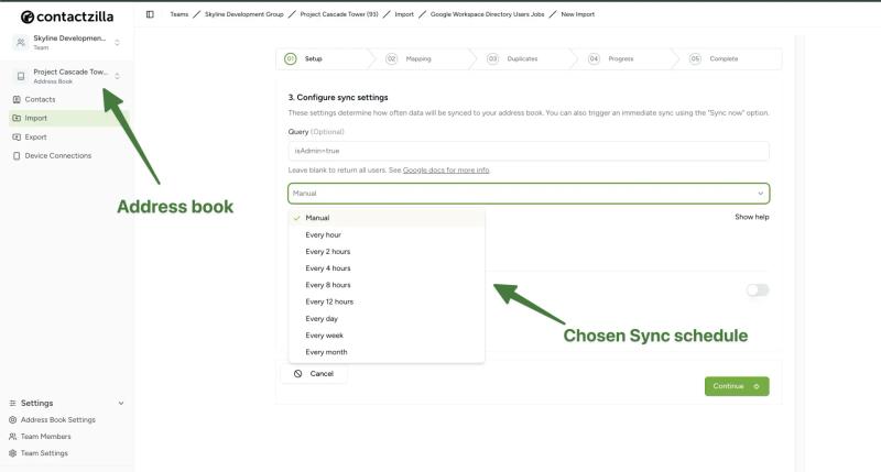 Choose how often Contactzilla syncs Google Workspace Directory users into the shared contact list using the importer schedule settings.