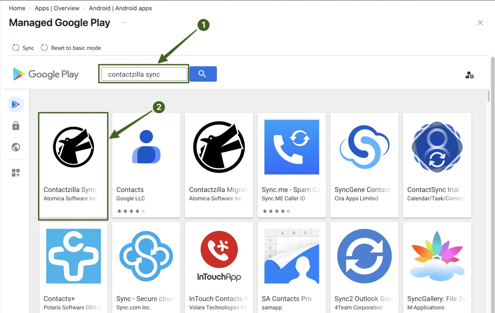 Intune Managed Google Play store with contactzilla sync entered in the search box (arrow 1) and the Contactzilla Sync result highlighted (arrow 2)