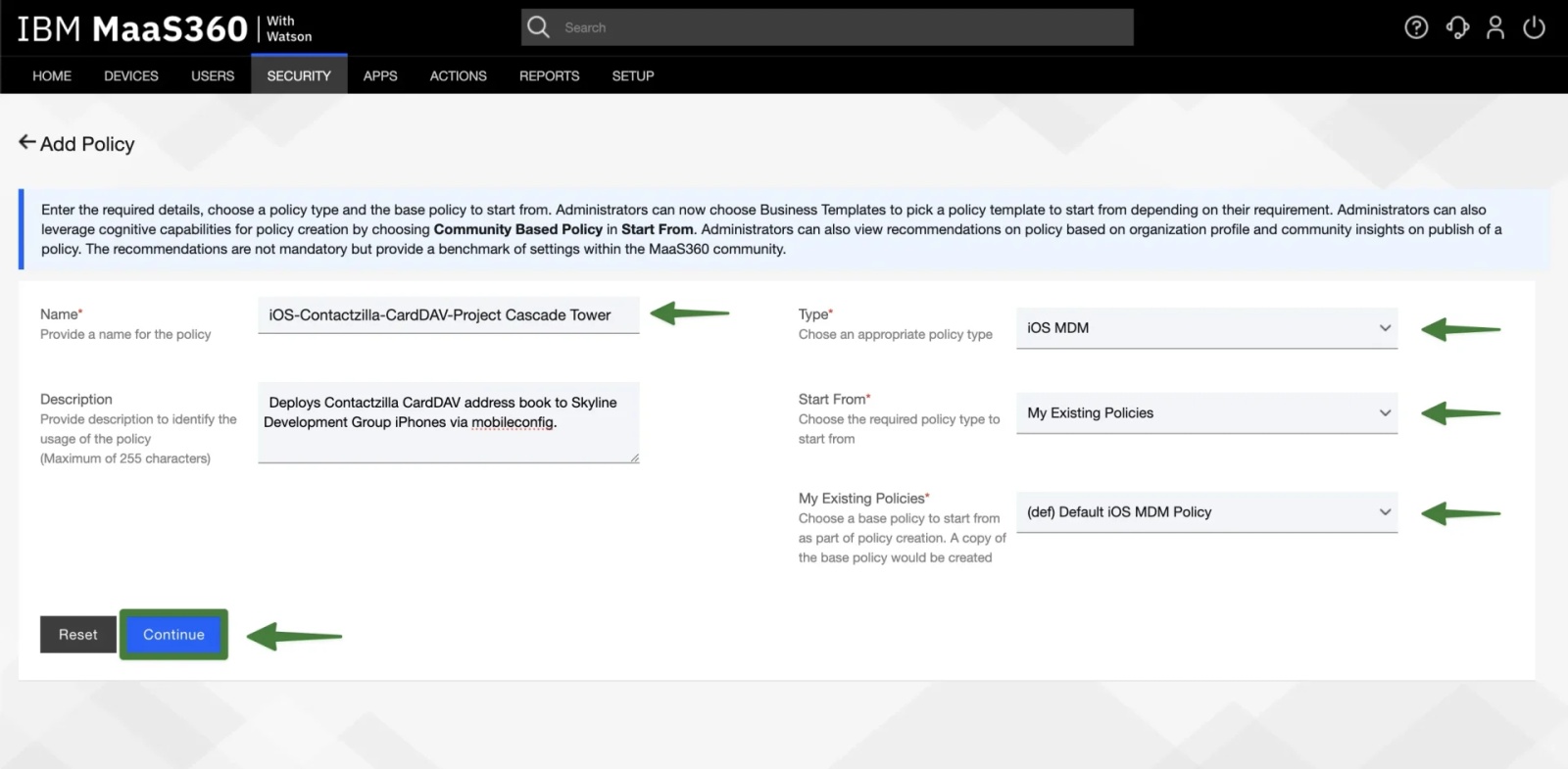 Creating a new iOS policy in IBM MaaS360 with Contactzilla CardDAV details entered and the Continue button highlighted.