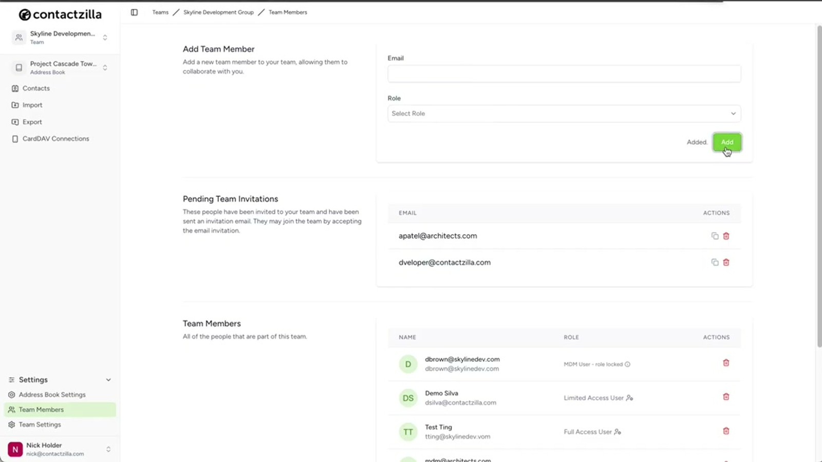 Contactzilla team members page showing the option to add an MDM User with device-only access