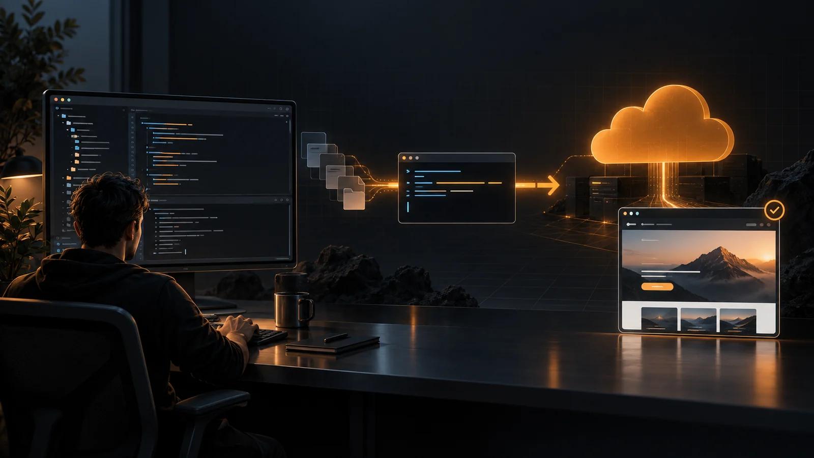 A coding agent inspecting a website project in an editor and terminal, then deploying it to Cloudflare Pages and checking the live result