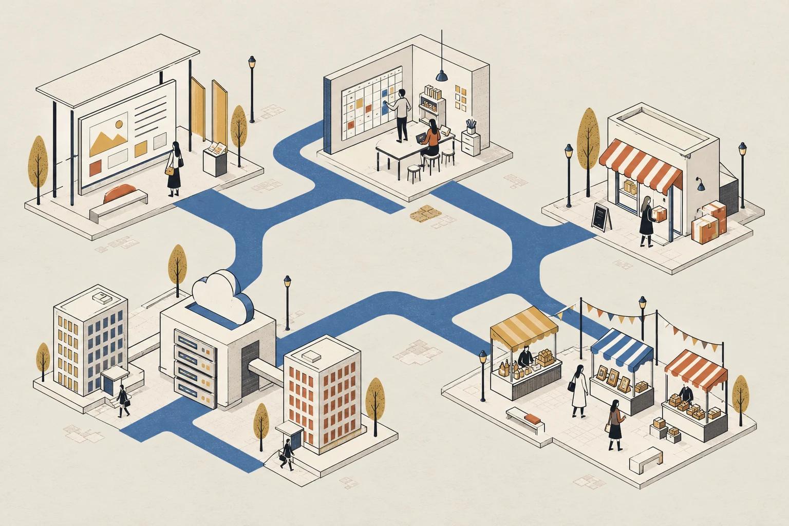 Isometric district with an information pavilion, scheduling workshop, single shop, multi-seller market and shared software hub.