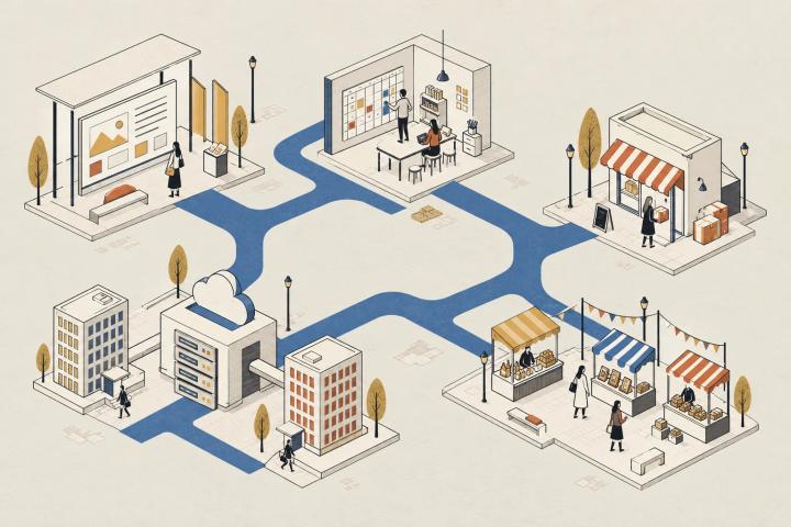 Isometric district with an information pavilion, scheduling workshop, single shop, multi-seller market and shared software hub.