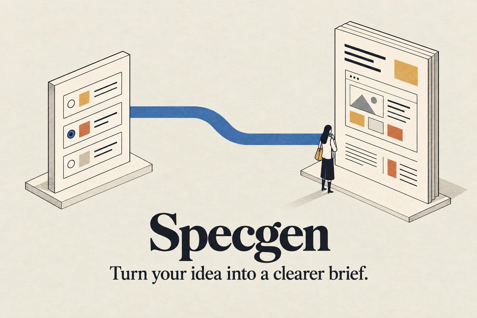Isometric illustration of a short questionnaire connecting to an organised project brief, with the words Specgen and Turn your idea into a clearer brief.