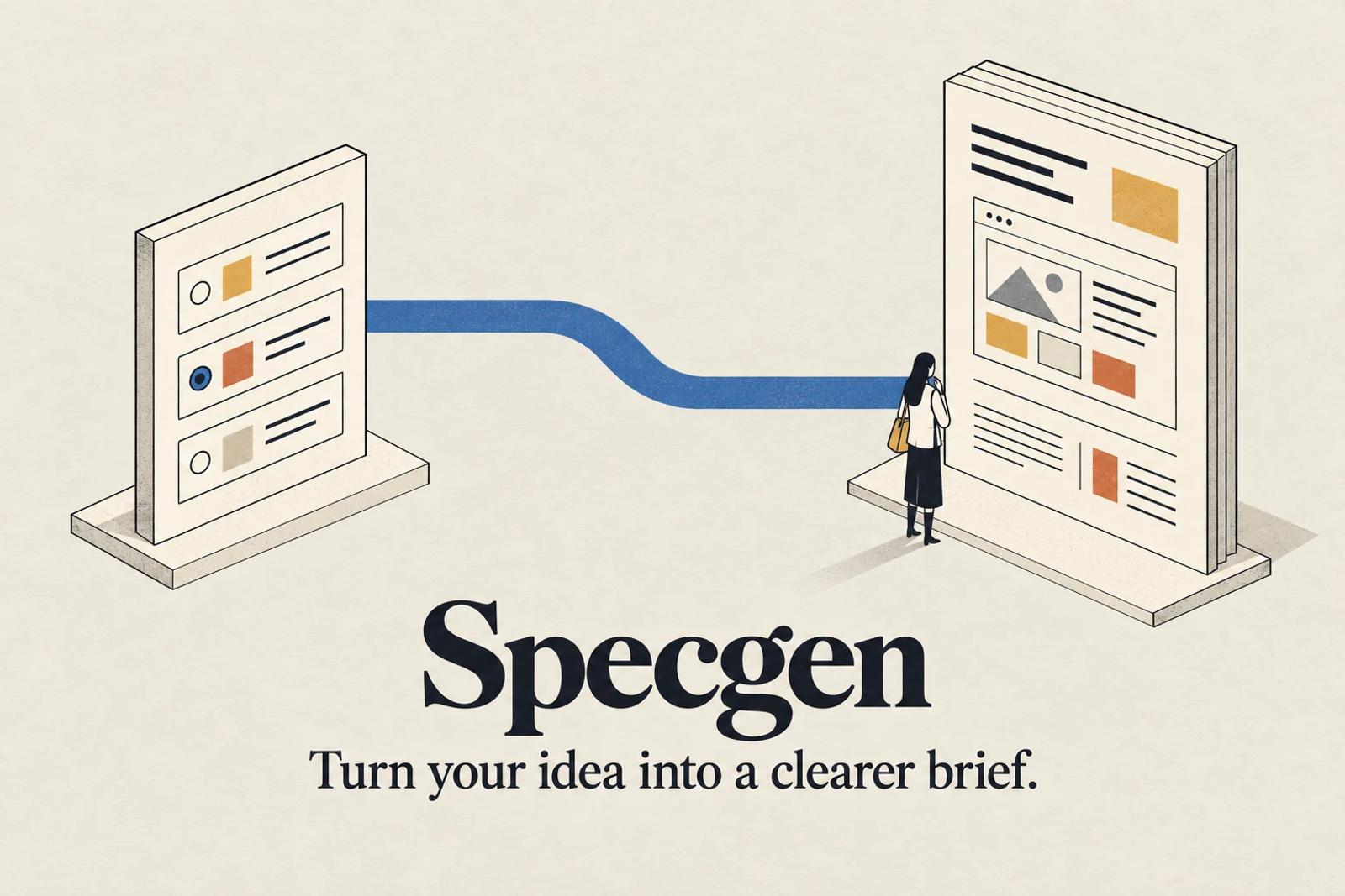 Isometric illustration of a short questionnaire connecting to an organised project brief, with the words Specgen and Turn your idea into a clearer brief.