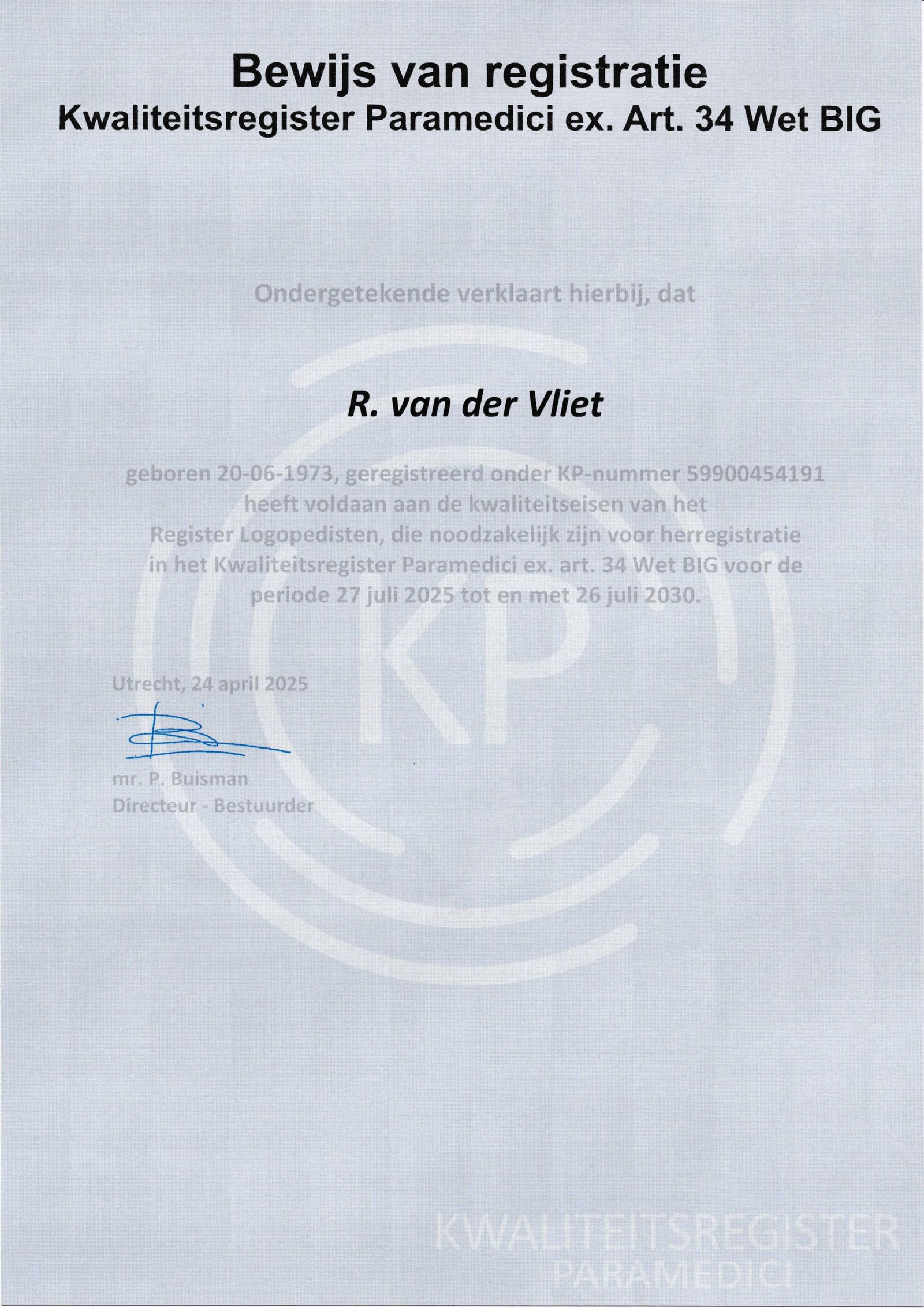 Kwaliteitsregister Certificaat 2020-2025