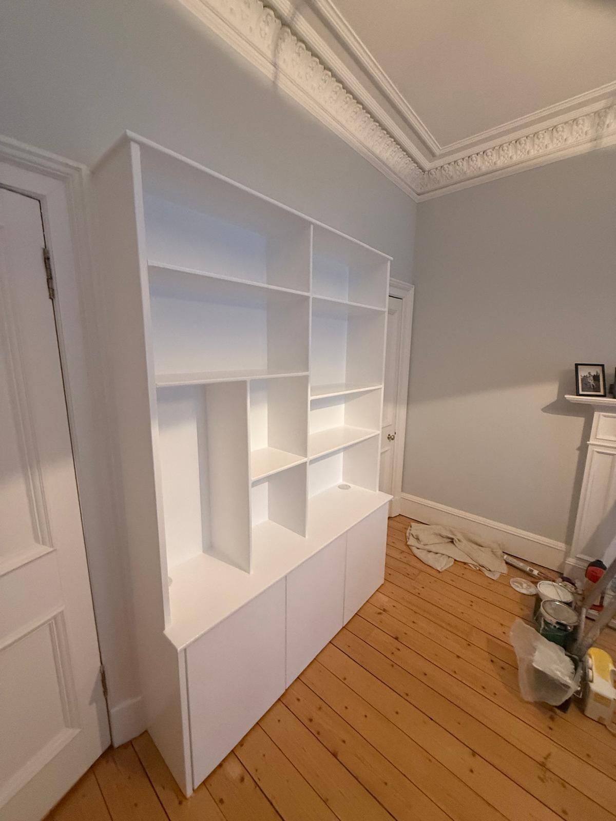 Close-up of shelves and lower cupboard doors on the bespoke Comely Bank unit
