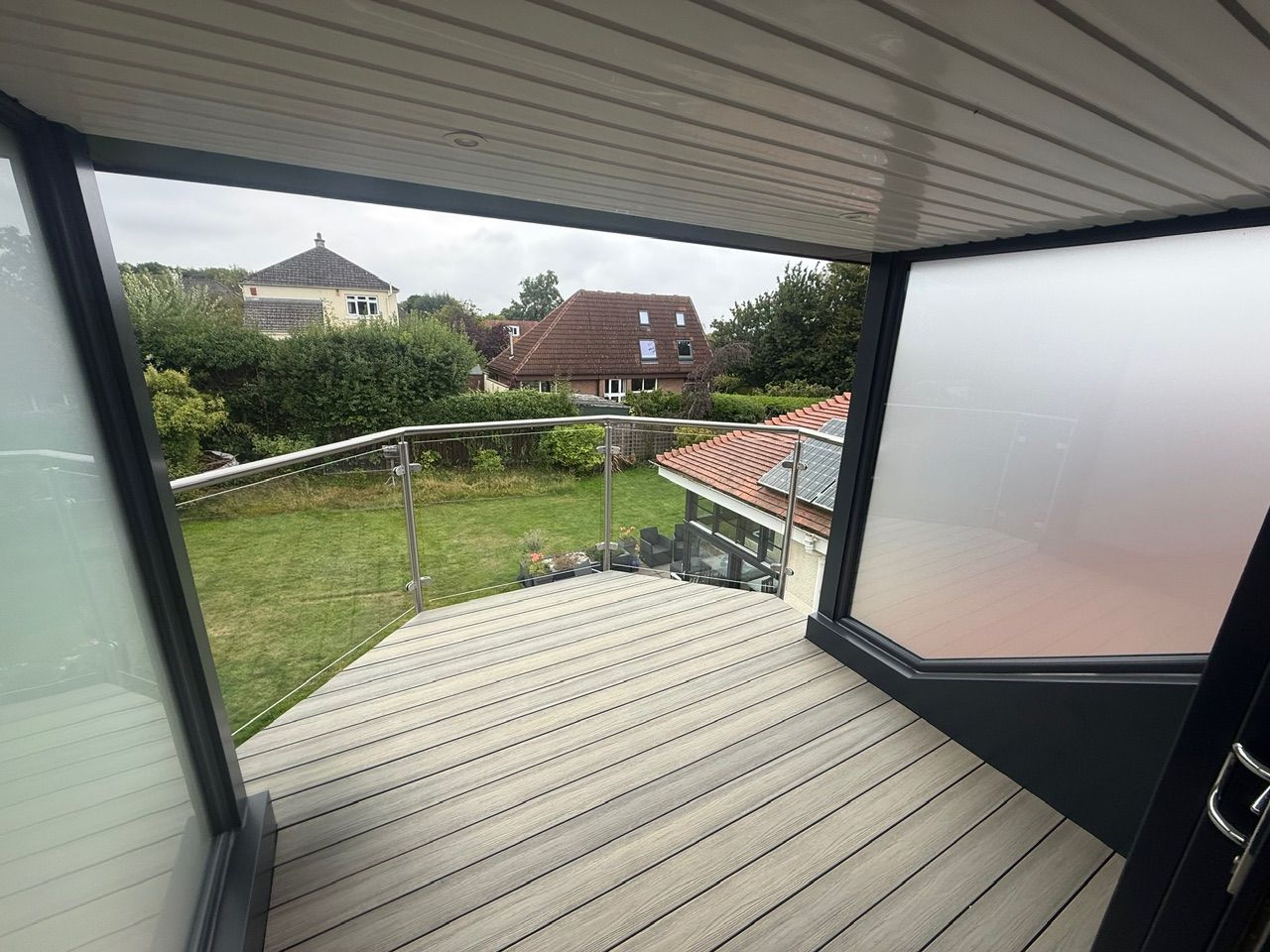 View across the completed balcony and glass balustrade at Fernielaw Avenue