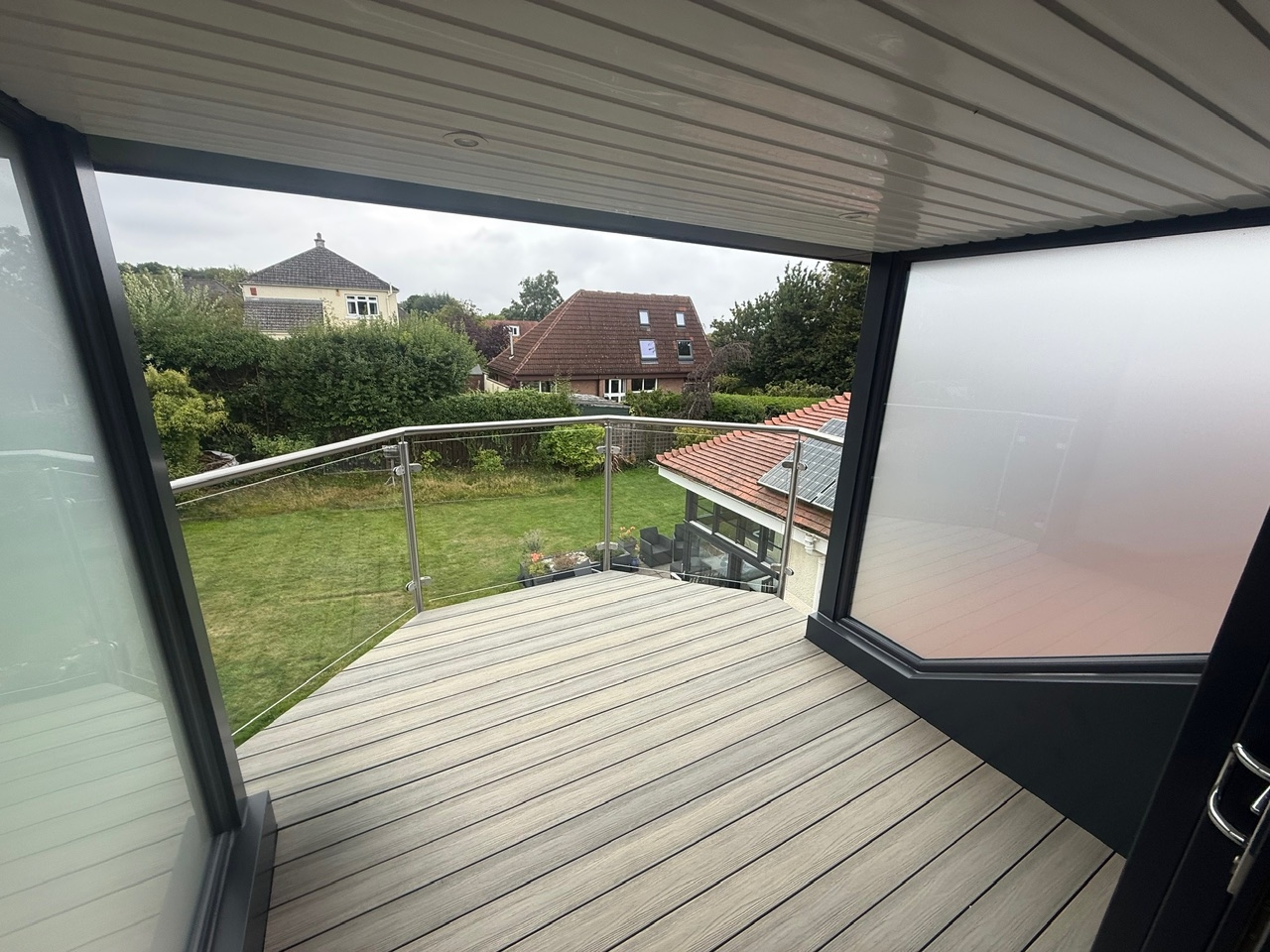 View across the completed balcony and glass balustrade at Fernielaw Avenue