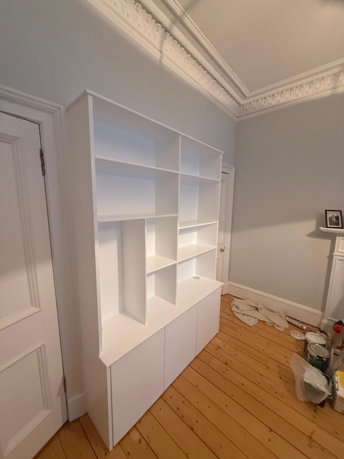 Side angle of a custom white fitted unit in an Edinburgh flat