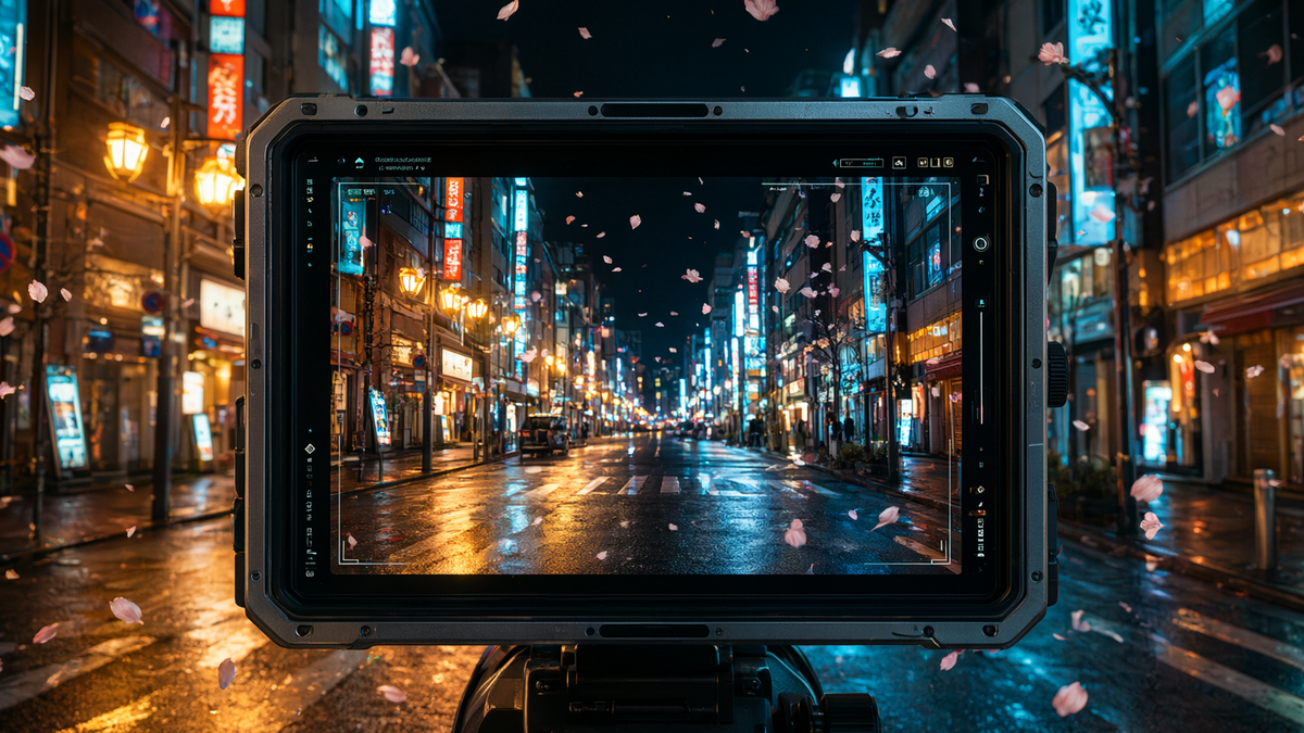 A cinematic director's monitor displays a photorealistic AI-generated Tokyo street scene at night, with cherry blossoms falling and a Veo 3.1 HUD readout showing 8s Quality 8K video settings.