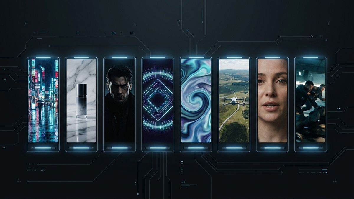 A dark comparison dashboard showing eight stylized AI video frames side by side, each representing a different model style from cinematic city scenes to product shots and character close-ups.