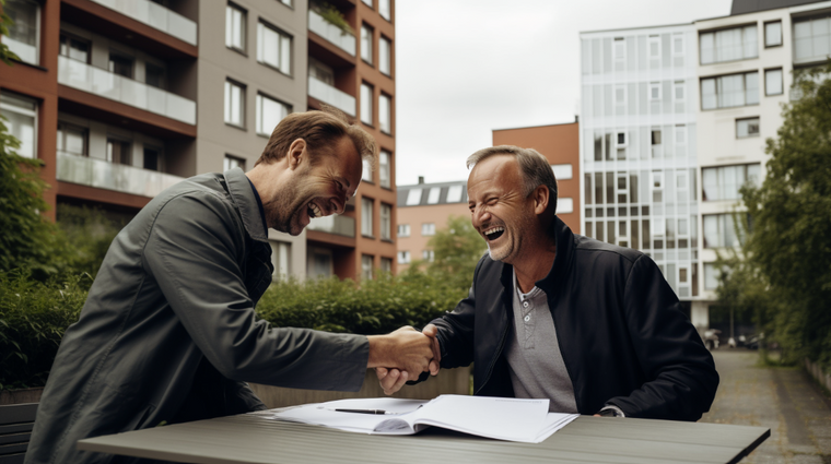 Fornøyd leietaker og utleier som signerer kontrakt
