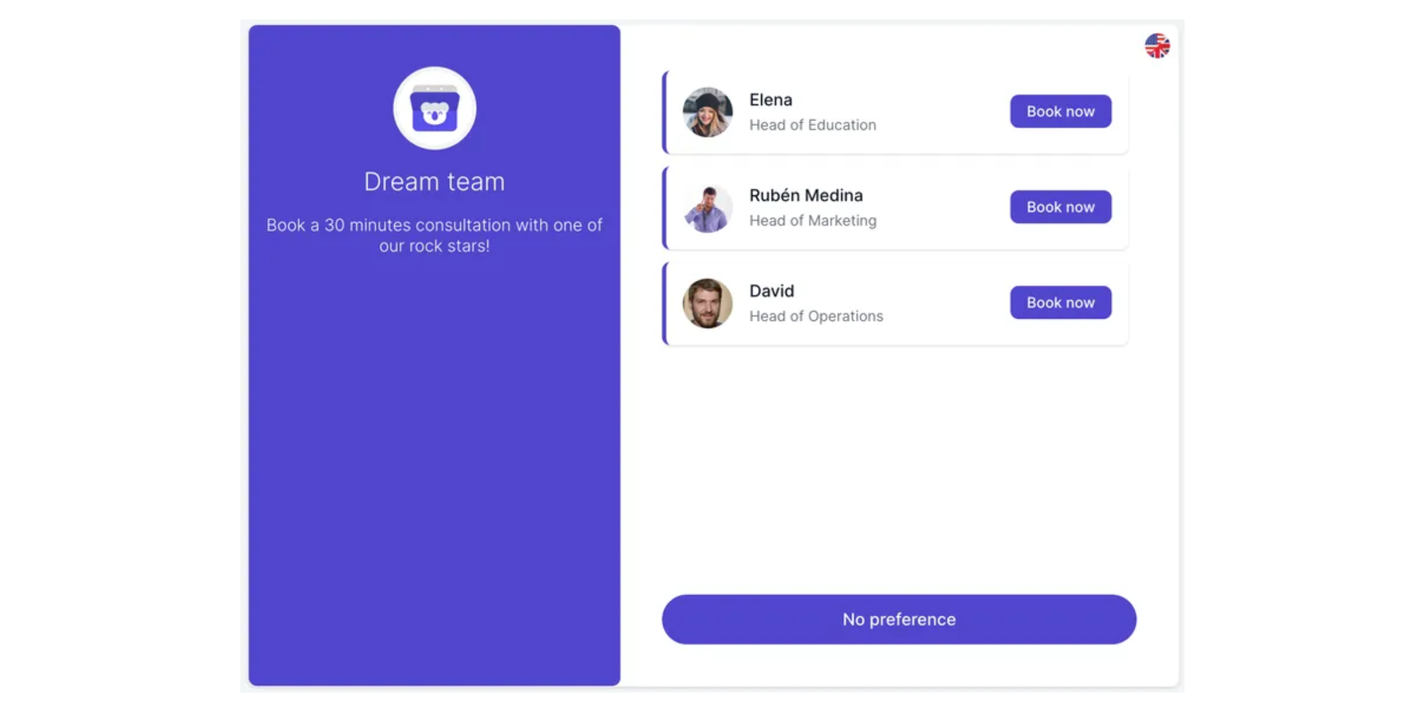 team booking page made with koalendar  with shared online calendars