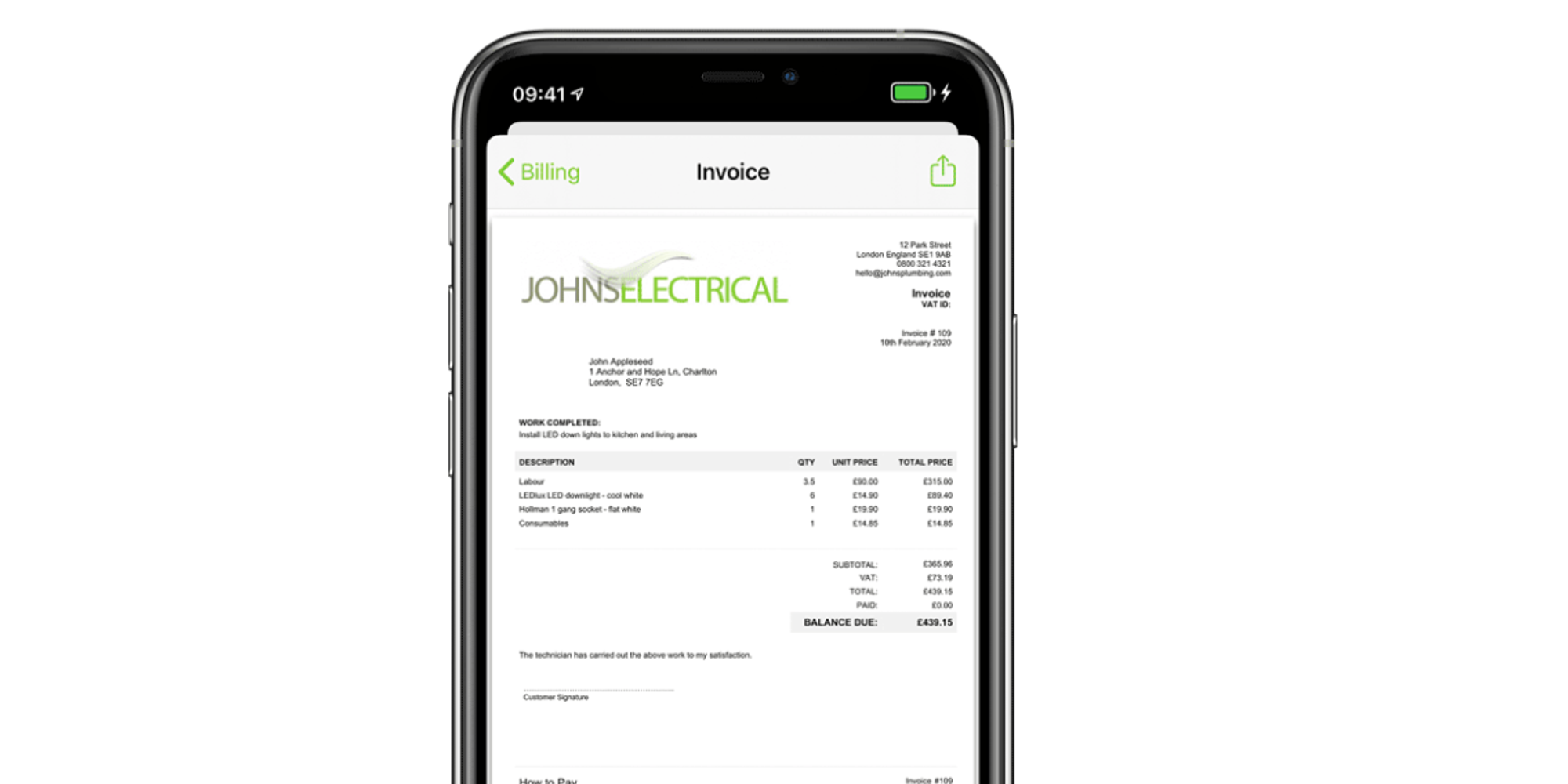 ServiceM8 invoice for electrical engineering company.
