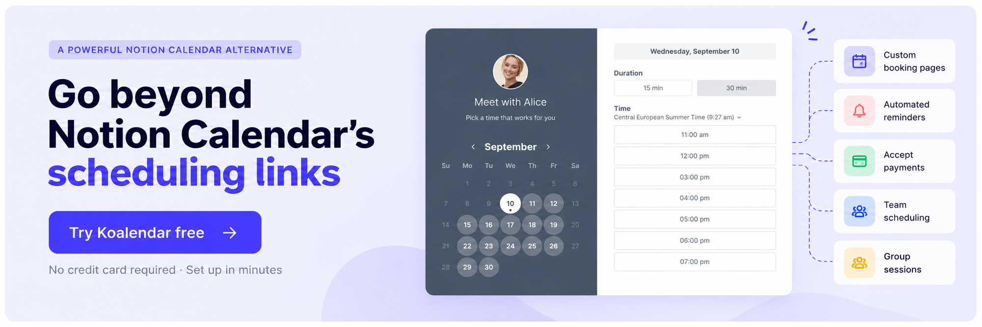 Koalendar booking page and appointment features presented as a Notion Calendar alternative.