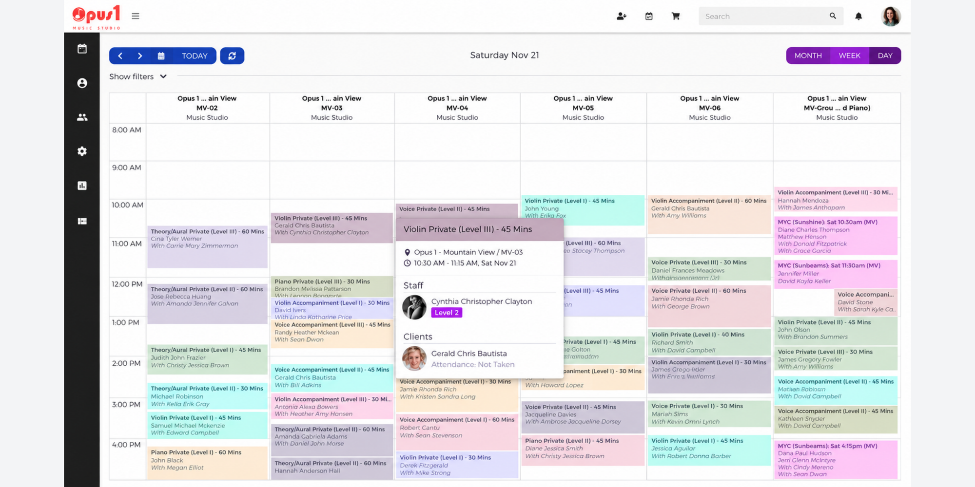 Opus1 multi-room lesson calendar shown in a best music school software class scheduling comparison.