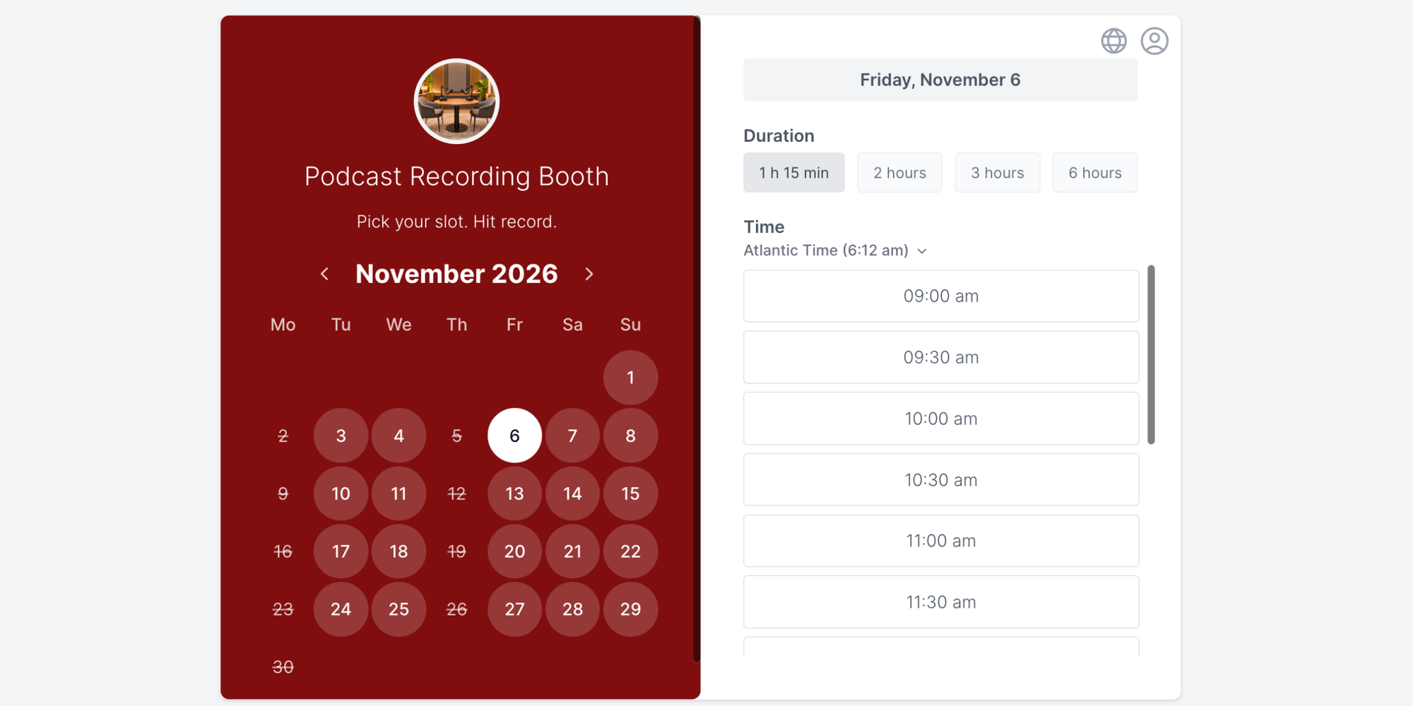 Podcast recording booth reservation page in Room and resource booking software.