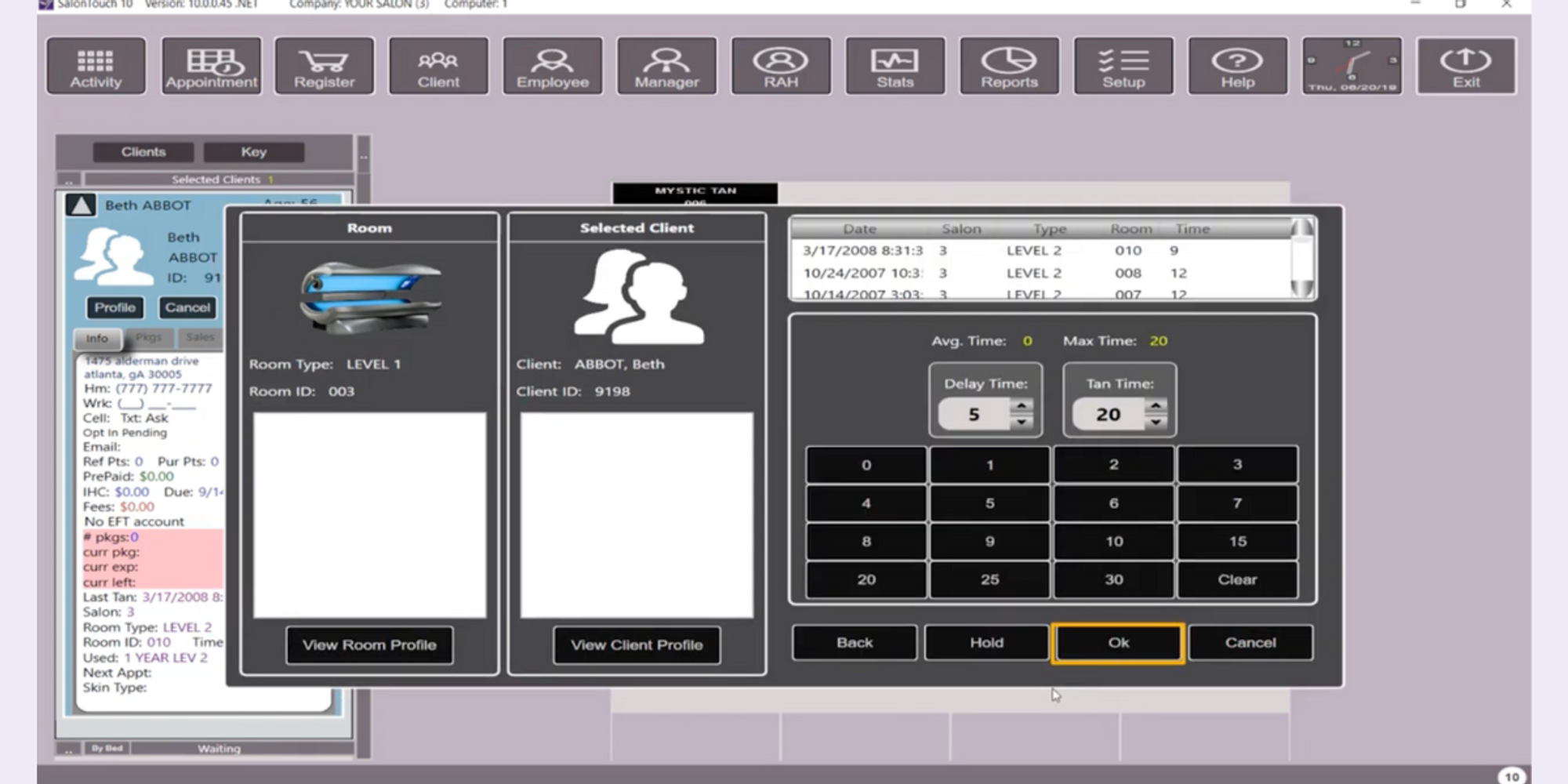 SalonTouch hybrid salon management software screen showing client details and bed timers for managing sessions through a sunbed booking system