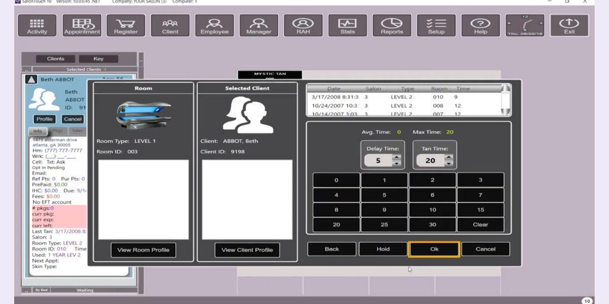 SalonTouch hybrid salon management software screen showing client details and bed timers for managing sessions through a sunbed booking system