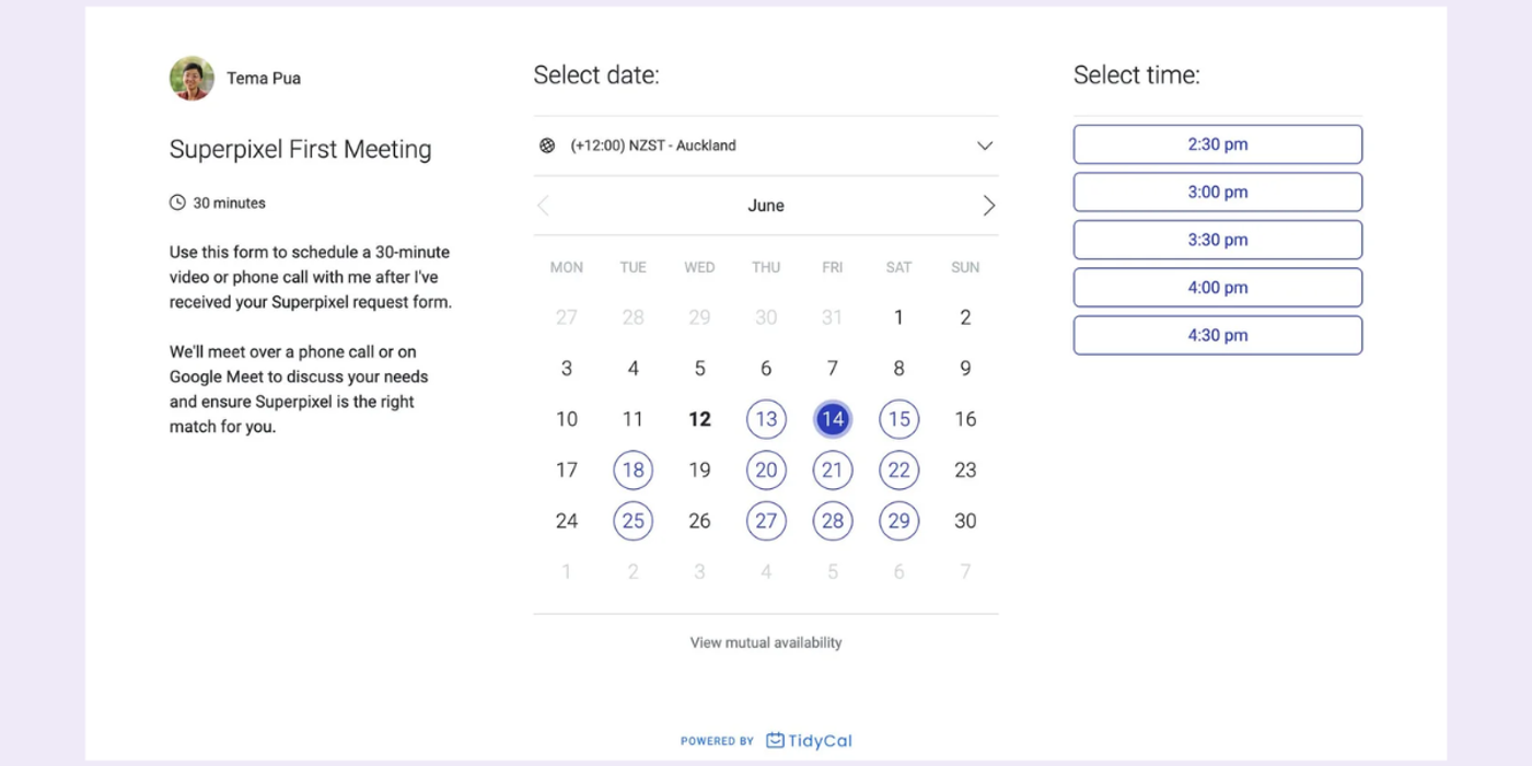Example of Tidycal scheduling tool UI