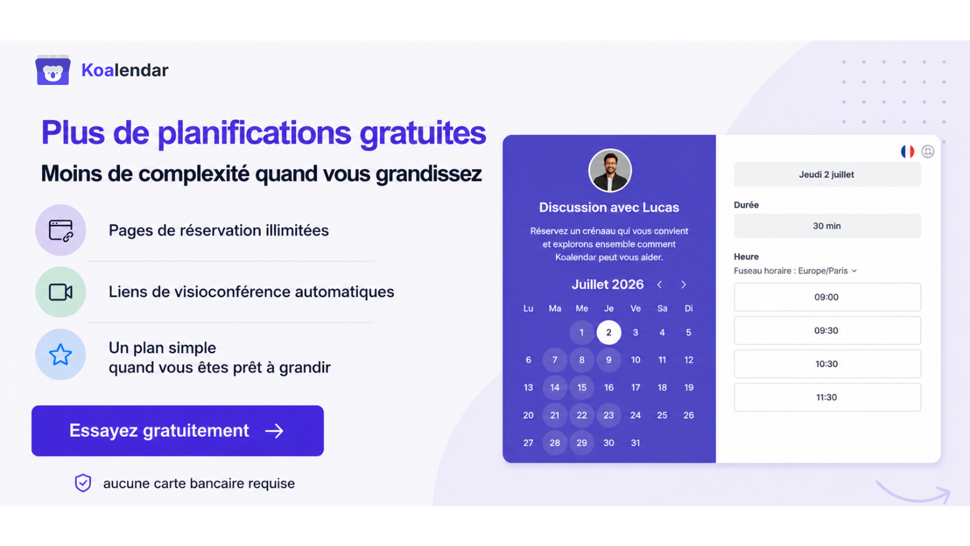 Bannière Koalendar faisant la promotion de pages de réservation gratuites, de liens vidéo et d’une offre payante, à comparer au coût de Google Workspace.