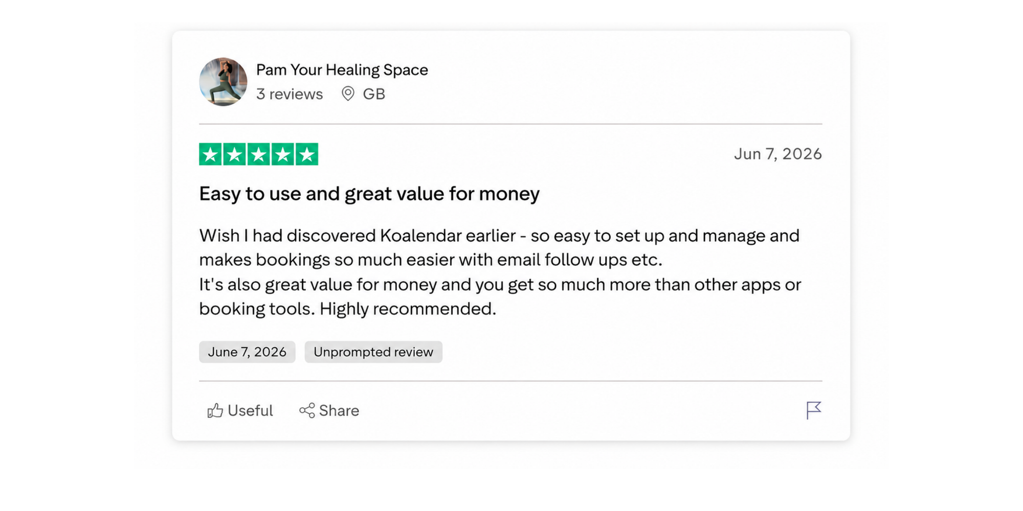 Koalendar client's review from trustpilot expressing good value for the money