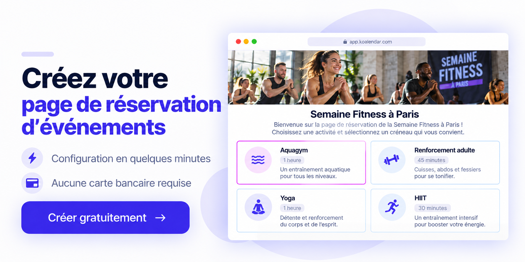 Bannière Koalendar présentant une page de réservation d’événement et servant de logiciel de planification d’événements