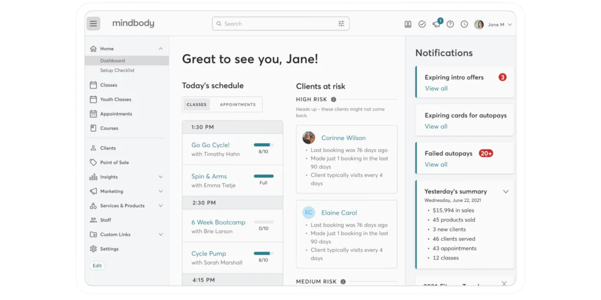 screenshot of Mindbody class bookings app for fitness
