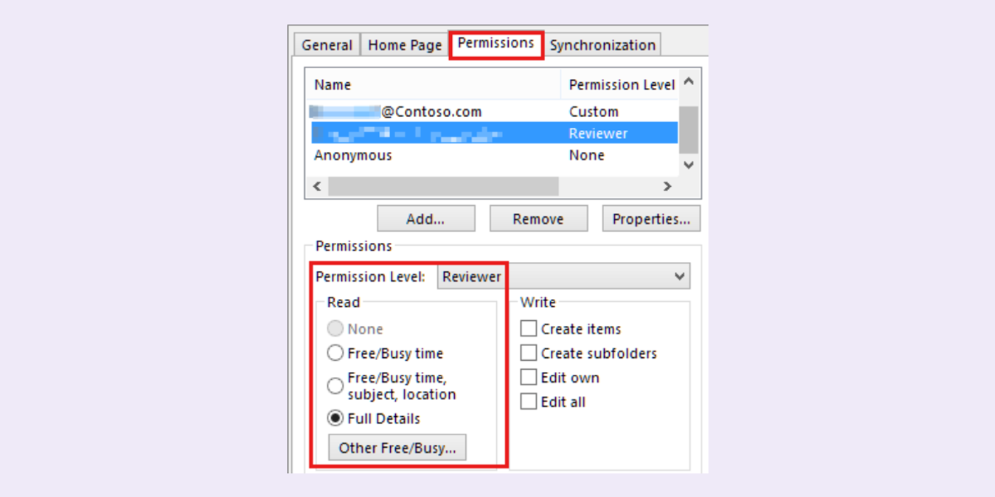 Outlook Calendar sharing settings